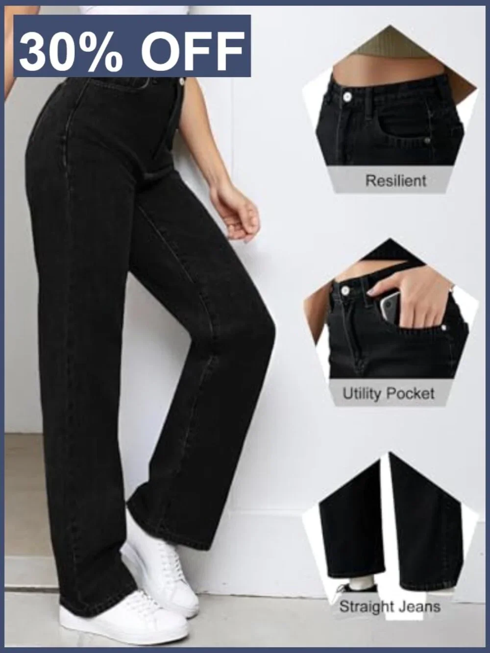 High Waisted Straight Leg Jeans Tummy Control Stretchy Casual Denim Pants - Picture 3 of 7